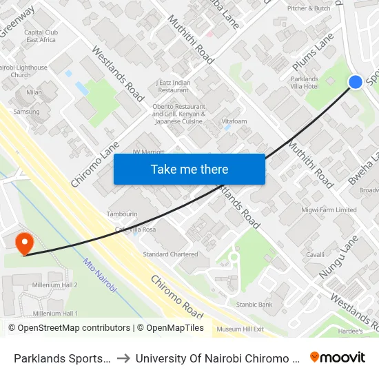 Parklands Sports Club to University Of Nairobi Chiromo Campus map
