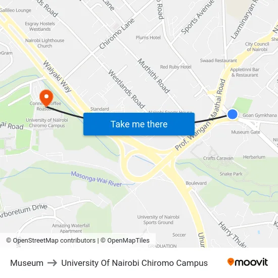 Museum to University Of Nairobi Chiromo Campus map