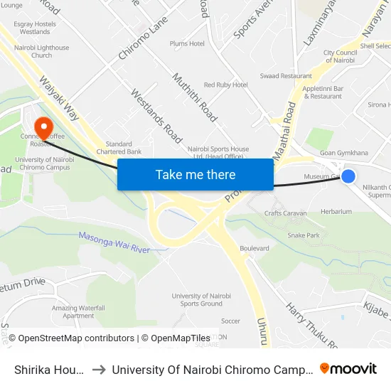 Shirika House to University Of Nairobi Chiromo Campus map