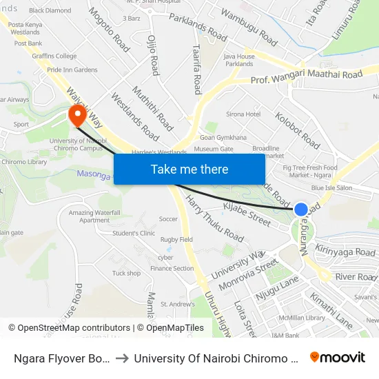Ngara Flyover Bottom to University Of Nairobi Chiromo Campus map