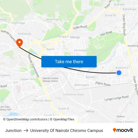 Junction to University Of Nairobi Chiromo Campus map