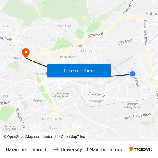 Harambee Uhuru Junction to University Of Nairobi Chiromo Campus map