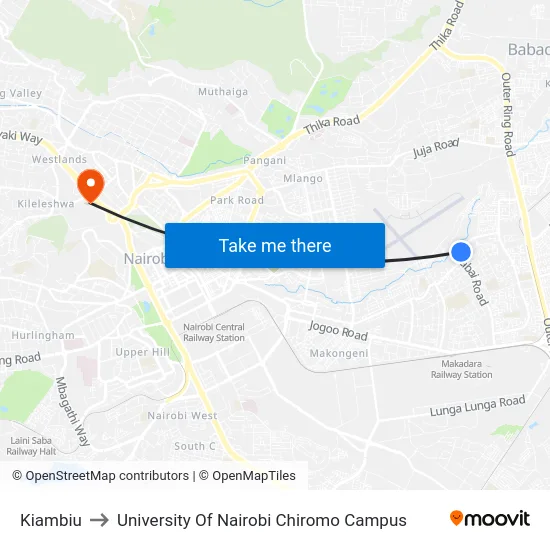 Kiambiu to University Of Nairobi Chiromo Campus map