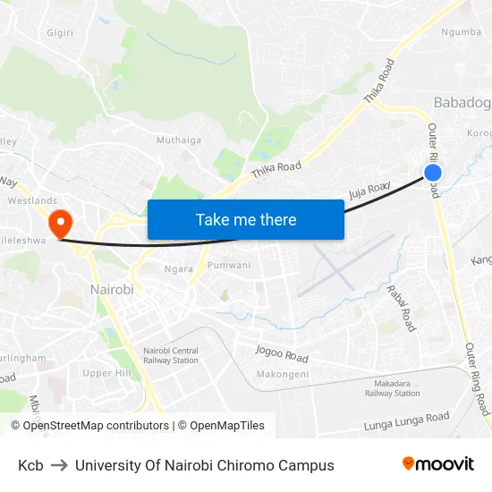 Kcb to University Of Nairobi Chiromo Campus map