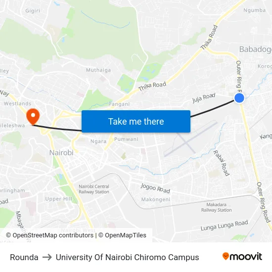 Rounda to University Of Nairobi Chiromo Campus map
