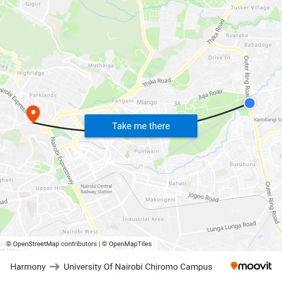 Harmony to University Of Nairobi Chiromo Campus map