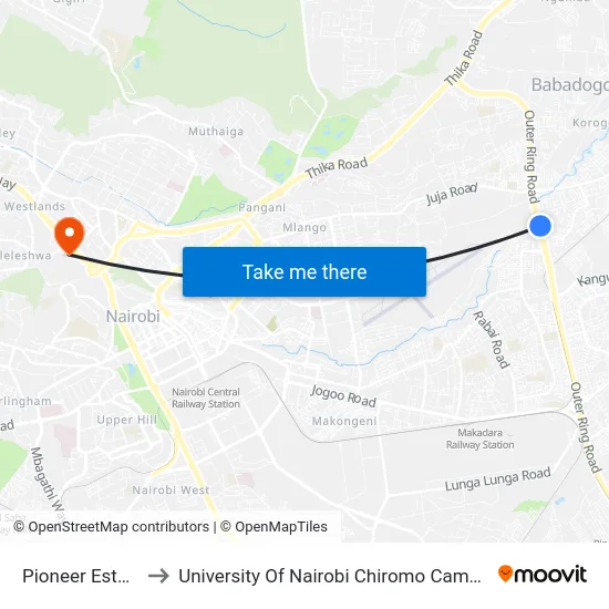 Pioneer Estate to University Of Nairobi Chiromo Campus map