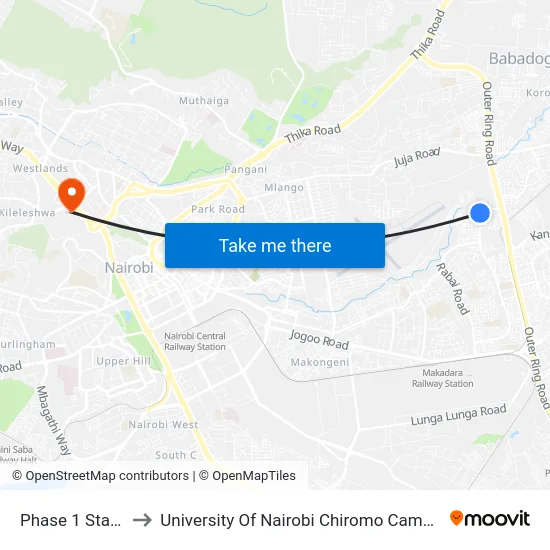 Phase 1 Stage to University Of Nairobi Chiromo Campus map