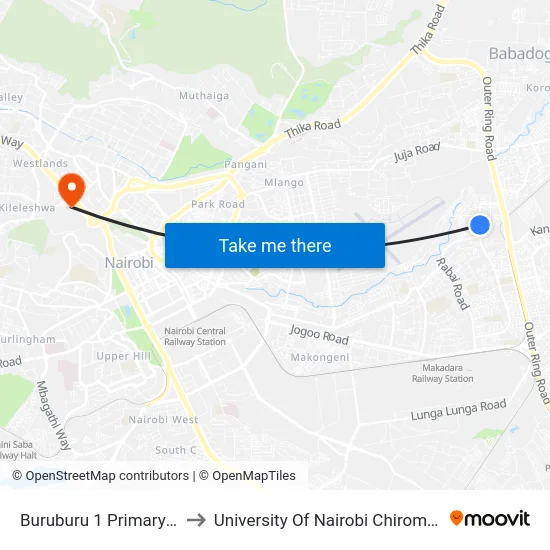 Buruburu 1 Primary School to University Of Nairobi Chiromo Campus map