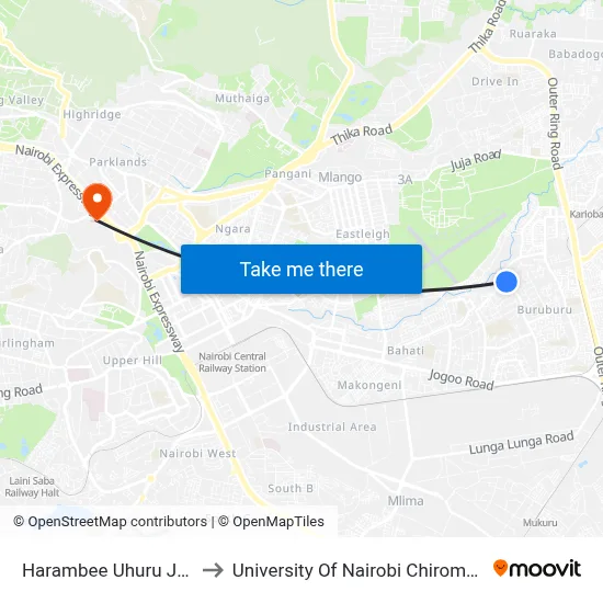 Harambee Uhuru Junction to University Of Nairobi Chiromo Campus map