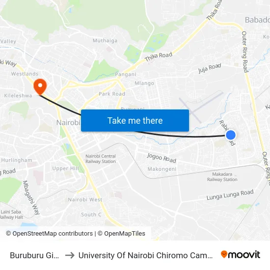 Buruburu Girls to University Of Nairobi Chiromo Campus map