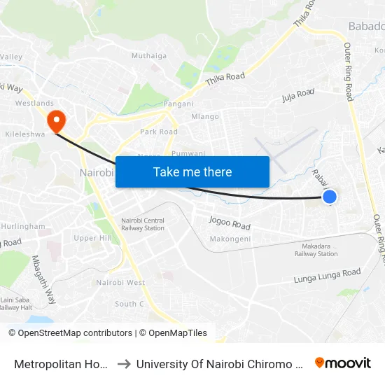 Metropolitan Hospital to University Of Nairobi Chiromo Campus map