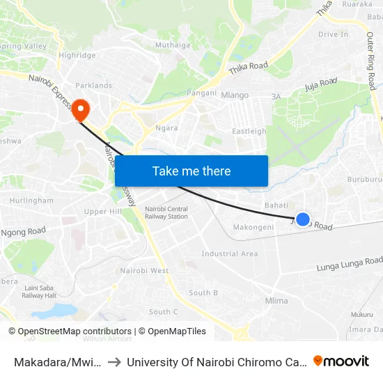 Makadara/Mwisho to University Of Nairobi Chiromo Campus map