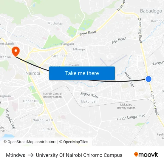Mtindwa to University Of Nairobi Chiromo Campus map