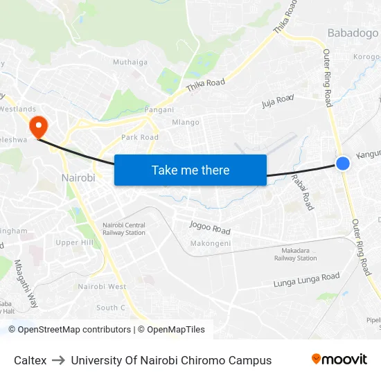 Caltex to University Of Nairobi Chiromo Campus map