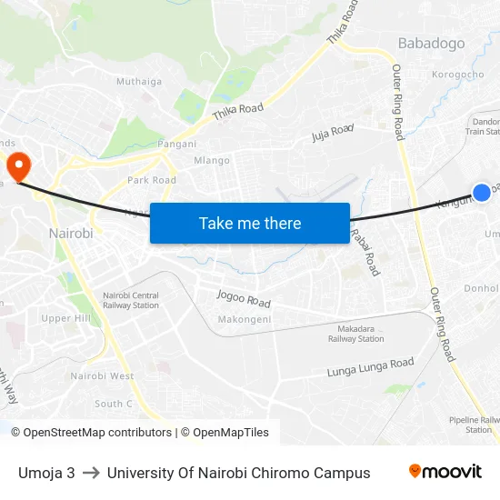 Umoja 3 to University Of Nairobi Chiromo Campus map