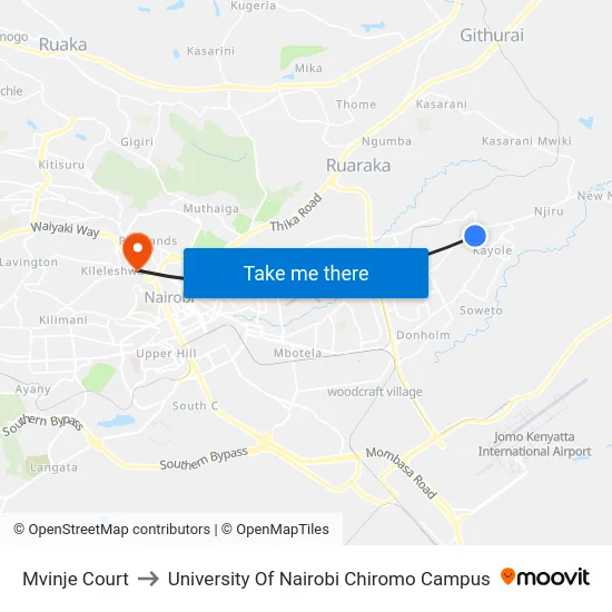Mvinje Court to University Of Nairobi Chiromo Campus map