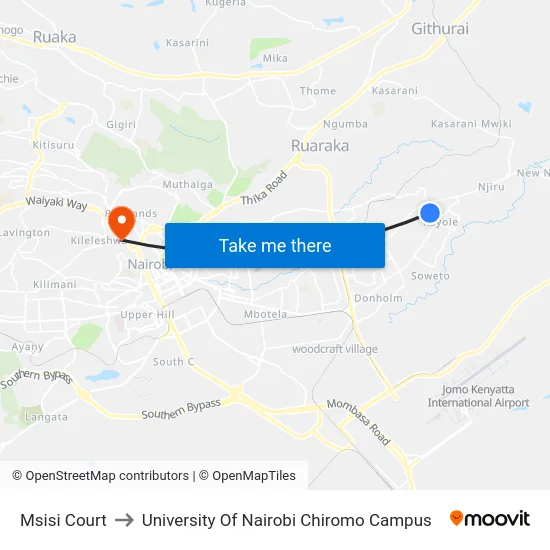 Msisi Court to University Of Nairobi Chiromo Campus map