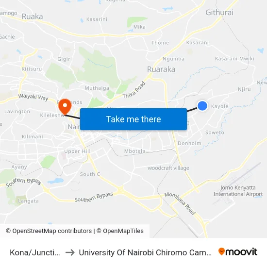 Kona/Junction to University Of Nairobi Chiromo Campus map