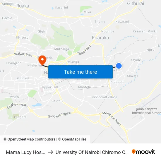 Mama Lucy Hospital to University Of Nairobi Chiromo Campus map