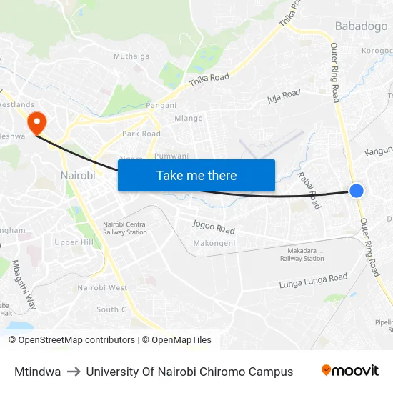 Mtindwa to University Of Nairobi Chiromo Campus map