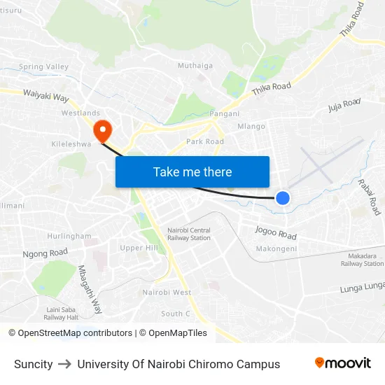 Suncity to University Of Nairobi Chiromo Campus map
