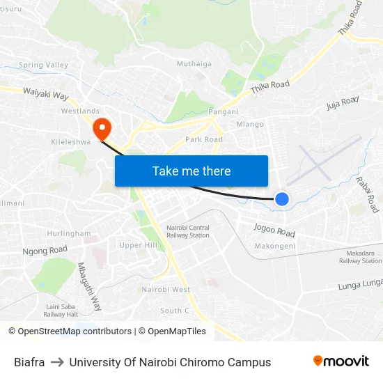 Biafra to University Of Nairobi Chiromo Campus map
