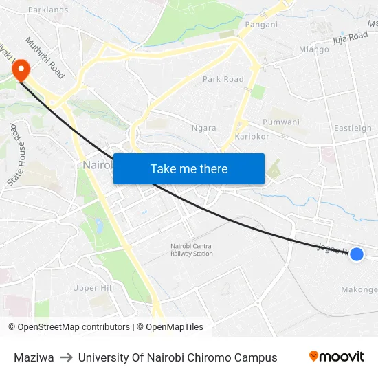 Maziwa to University Of Nairobi Chiromo Campus map