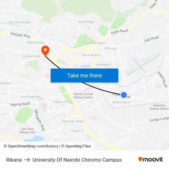 Rikana to University Of Nairobi Chiromo Campus map