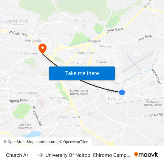 Church Army to University Of Nairobi Chiromo Campus map