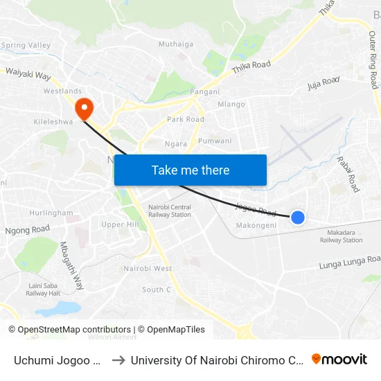 Uchumi Jogoo Road to University Of Nairobi Chiromo Campus map