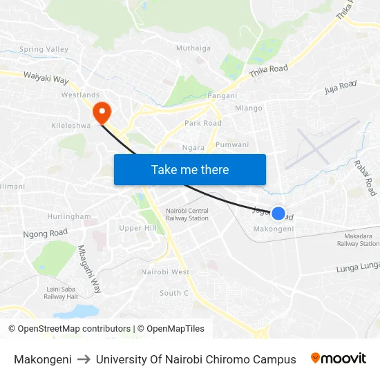 Makongeni to University Of Nairobi Chiromo Campus map