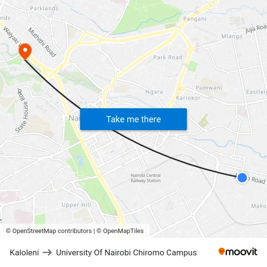 Kaloleni to University Of Nairobi Chiromo Campus map