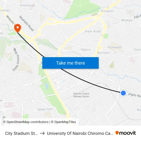 City Stadium Stage to University Of Nairobi Chiromo Campus map