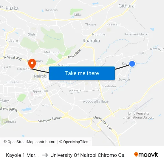Kayole 1 Market to University Of Nairobi Chiromo Campus map