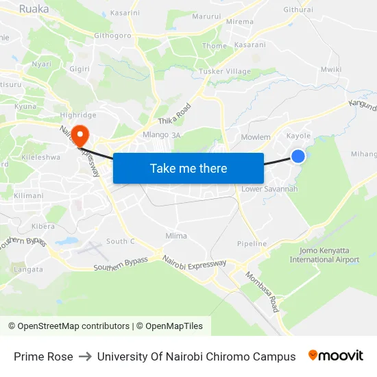 Prime Rose to University Of Nairobi Chiromo Campus map