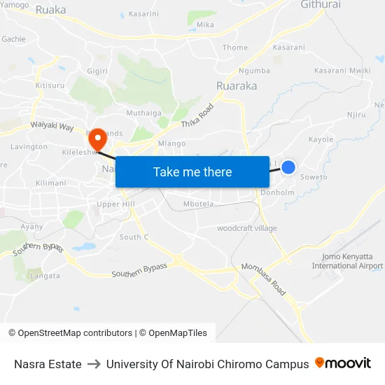 Nasra Estate to University Of Nairobi Chiromo Campus map