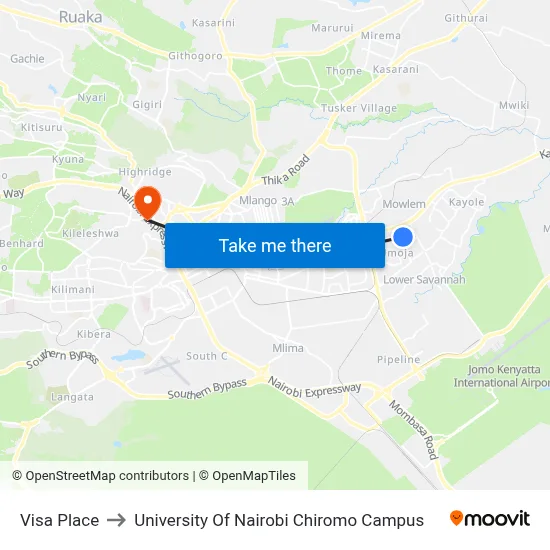Visa Place to University Of Nairobi Chiromo Campus map