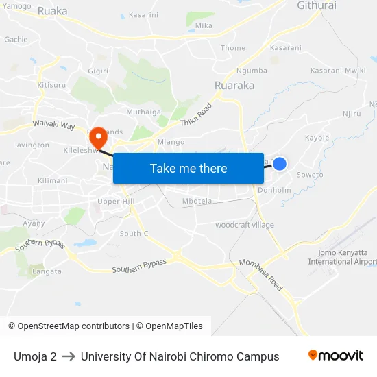 Umoja 2 to University Of Nairobi Chiromo Campus map