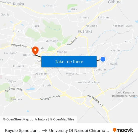 Kayole Spine Junction to University Of Nairobi Chiromo Campus map