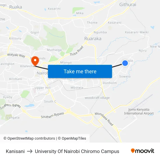 Kanisani to University Of Nairobi Chiromo Campus map
