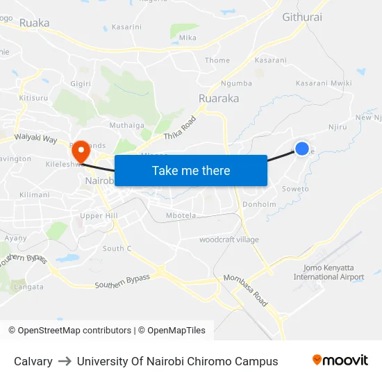 Calvary to University Of Nairobi Chiromo Campus map