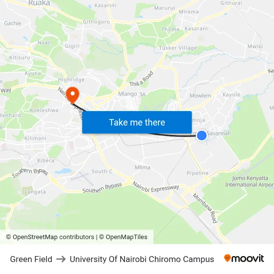 Green Field to University Of Nairobi Chiromo Campus map