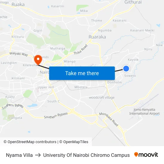 Nyama Villa to University Of Nairobi Chiromo Campus map