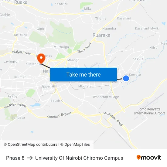 Phase 8 to University Of Nairobi Chiromo Campus map