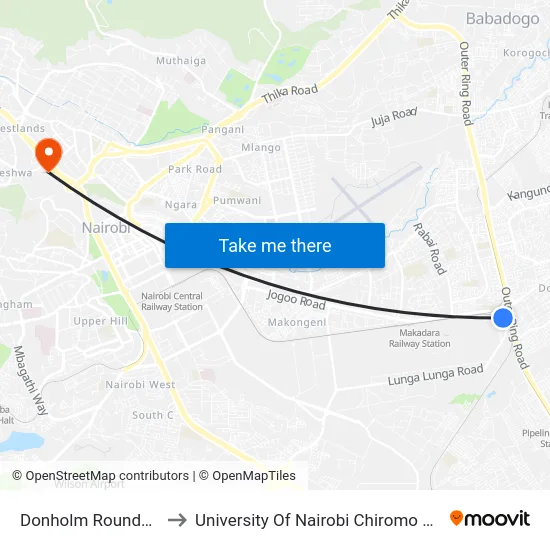 Donholm Roundabout to University Of Nairobi Chiromo Campus map