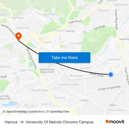 Hamza to University Of Nairobi Chiromo Campus map