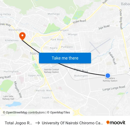 Total Jogoo Road to University Of Nairobi Chiromo Campus map