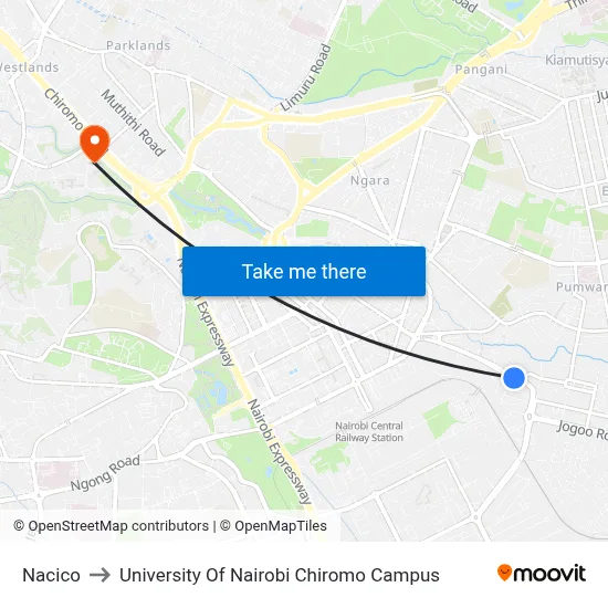 Nacico to University Of Nairobi Chiromo Campus map