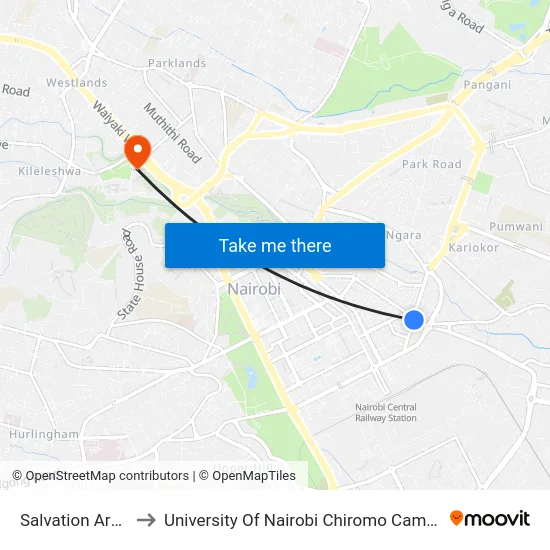 Salvation Army to University Of Nairobi Chiromo Campus map